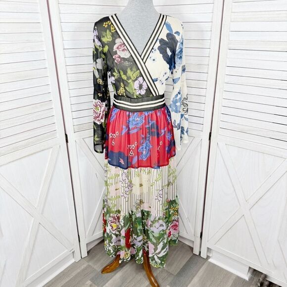 Kaktus Floral Patternblock Patchwork Tiered Maxi Dress Small Cottagecore Boho - Picture 1 of 14